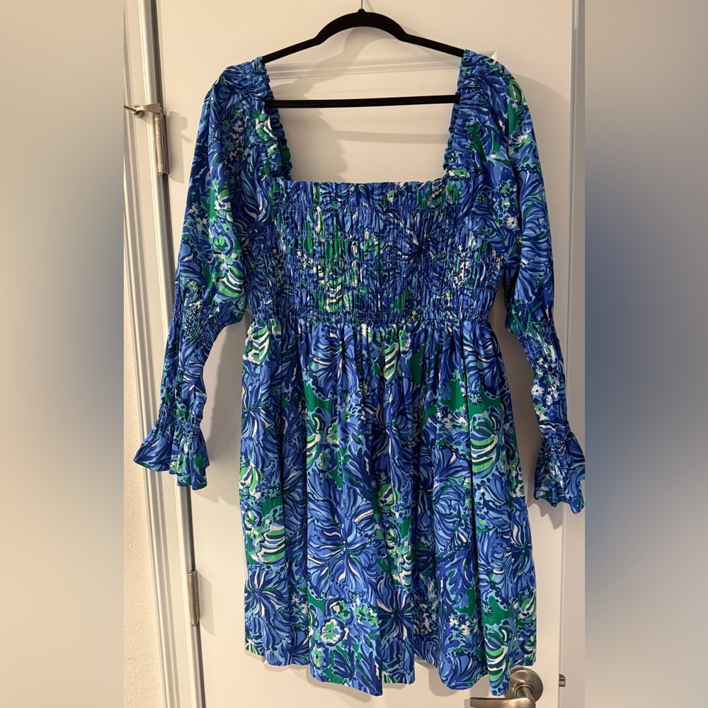 Lilly Pulitzer Blue & Green Smocked Long-Sleeve Mini Dress